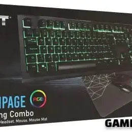 CiT Rampage RGB Gaming Keyboard, Mouse, Headset, and Mouse Pad Combo Set displayed with vibrant RGB lighting on a gaming desk setup.