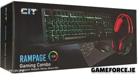 CiT Rampage RGB Gaming Keyboard, Mouse, Headset, and Mouse Pad Combo Set displayed with vibrant RGB lighting on a gaming desk setup.