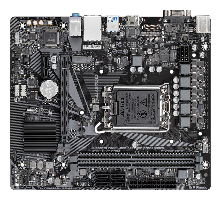 GIGABYTE H610M H V3 DDR4 Motherboard - Supports Intel Core 14th CPUs, 4+1+1 Hybrid Phases Digital VRM, up to 3200MHz DDR4, 1xPCIe 3.0 M.2, GbE LAN, USB 3.2 Gen 1