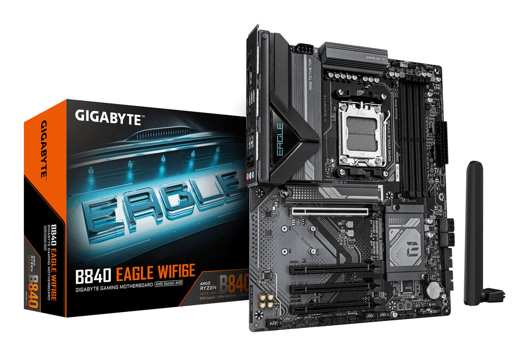 GIGABYTE B840 EAGLE WIFI6E Motherboard - AMD Ryzen 9000 CPUs, 8+2+2 Phases VRM, up to 8200MHz DDR5(O.C), 2xPCIe 4.0 + 1xPCIe 3.0 M.2, Wi-Fi 6E, 2.5GbE LAN, USB 3.2 Gen 2