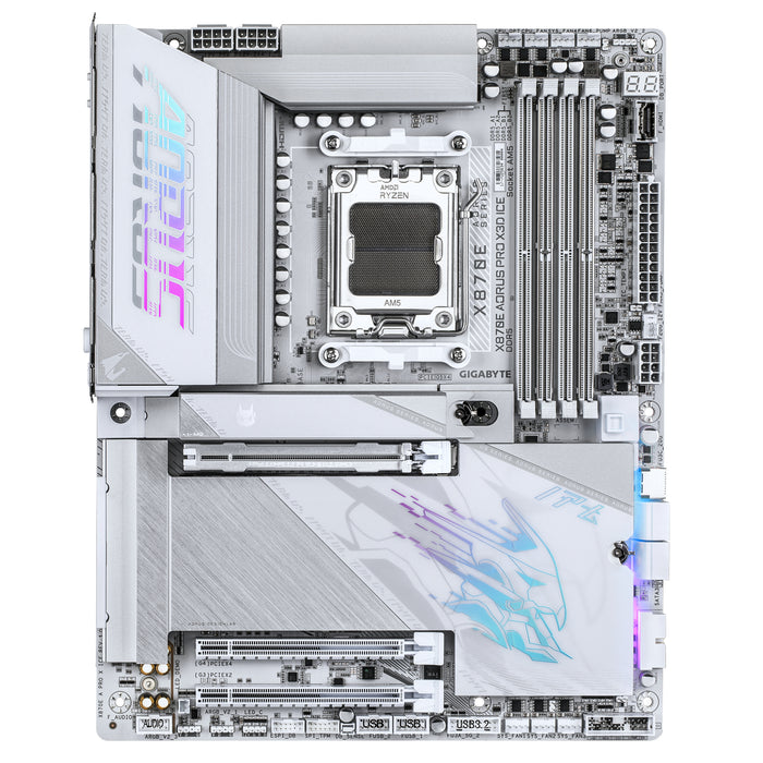 GIGABYTE X870E AORUS PRO X3D ICE Motherboard - Supports AMD Ryzen 9000 CPUs, 18+2+2 Phases Digital VRM, up to 9000Hz DDR5 (OC), 2xPCIe 5.0 + 2xPCIe 4.0, Wi-Fi 7, 5GbE LAN, USB 4
