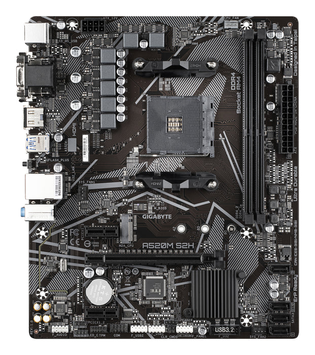GIGABYTE A520M S2H Motherboard - Supports AMD Ryzen 5000 Series AM4 CPUs, 4+3 Phases Pure Digital VRM, up to 5100MHz DDR4 (OC), PCIe 3.0 x4 M.2, GbE LAN, USB 3.2 Gen 1
