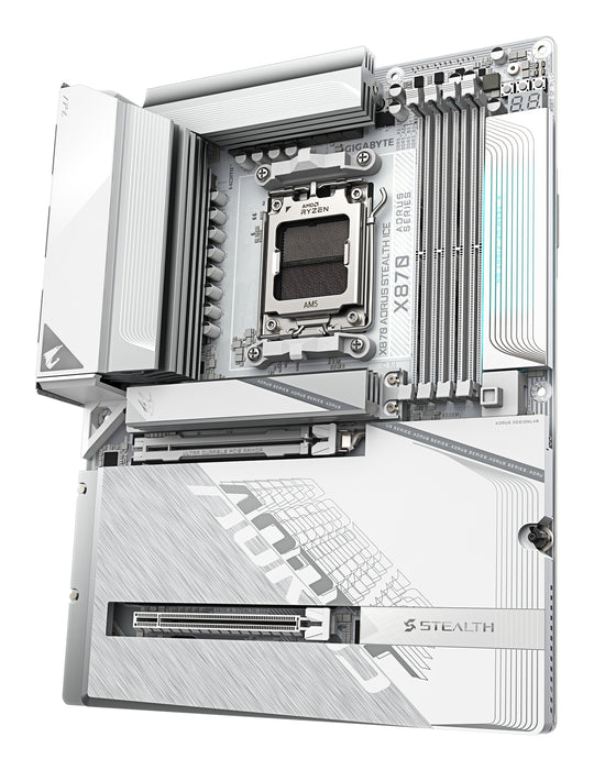 GIGABYTE X870 AORUS STEALTH ICE Motherboard - Supports AMD Ryzen 9000 CPUs, 16+2+2 Phases Digital VRM, up to 8200Hz DDR5 (OC), 2xPCIe 5.0 + 2xPCIe 4.0, Wi-Fi 7, 5 GbE LAN, USB 4