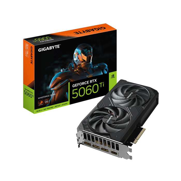 Tarjeta gráfica GIGABYTE GeForce RTX 5060 Ti WINDFORCE OC 8G: 8 GB GDDR7, 128 bits, PCI-E 5.0, frecuencia de núcleo de 2587 MHz, 3 DisplayPort, 1 HDMI, GV-N506TWF2OC-8GD
