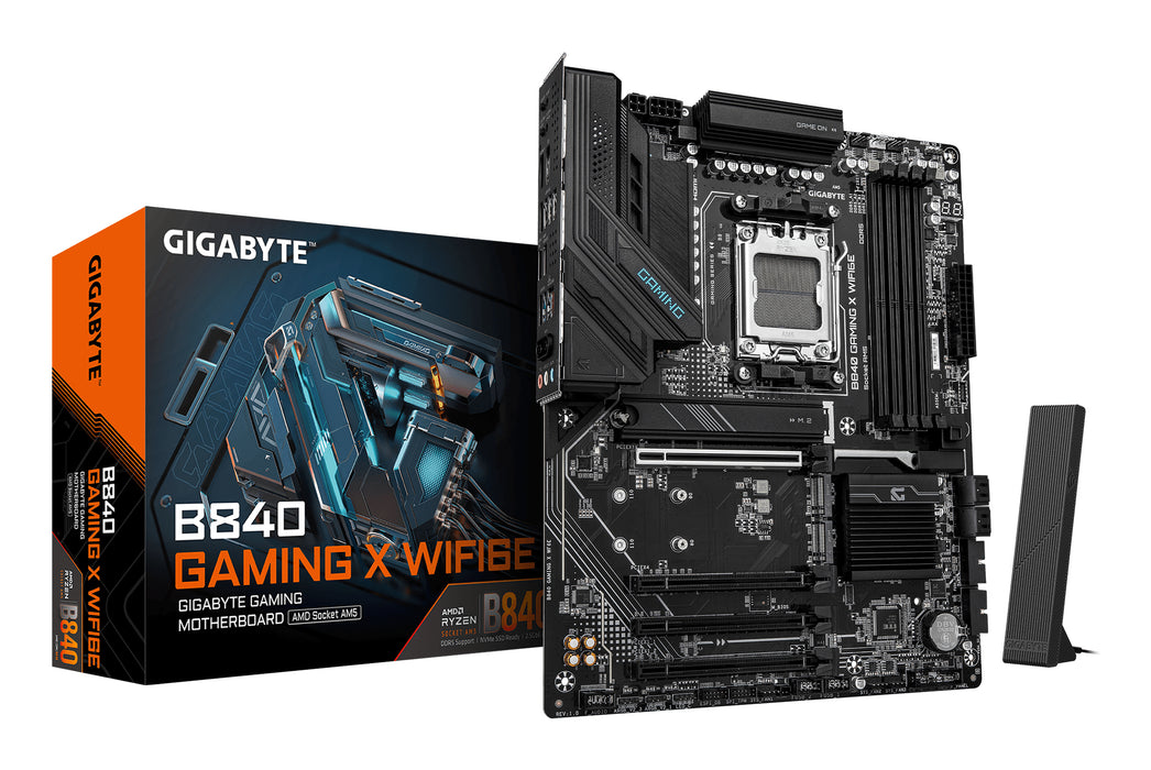 GIGABYTE B840 GAMING X WIFI6E Motherboard - AMD Ryzen 9000 CPUs, 12+2+2 Phases VRM, up to 7600MHz DDR5(O.C), 2xPCIe 4.0 + 1xPCIe 3.0 M.2, Wi-Fi 6E, 2.5GbE LAN, USB 3.2 Gen 2