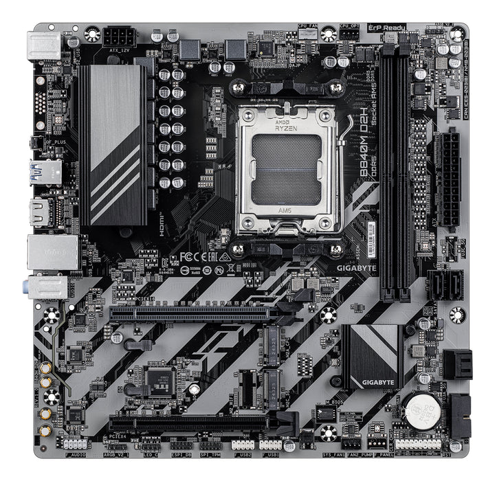 GIGABYTE B840M D2H Motherboard - AMD Ryzen 9000 CPUs, 5+2+2 Phases VRM, up to 7600MHz DDR5, 1xPCIe 4.0 + 1xPCIe 3.0 M.2, 2.5GbE LAN, USB 3.2 Gen 1