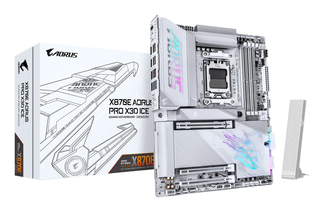 GIGABYTE X870E AORUS PRO X3D ICE Motherboard - Supports AMD Ryzen 9000 CPUs, 18+2+2 Phases Digital VRM, up to 9000Hz DDR5 (OC), 2xPCIe 5.0 + 2xPCIe 4.0, Wi-Fi 7, 5GbE LAN, USB 4