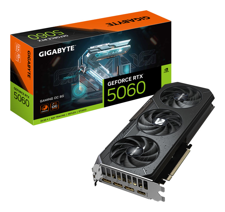 Tarjeta gráfica GIGABYTE GeForce RTX 5060 GAMING OC 8G: 8 GB GDDR7, 128 bits, PCI-E 5.0, frecuencia de núcleo de 2595 MHz, 3 DisplayPort, 1 HDMI, GV-N5060GAMING OC-8GD