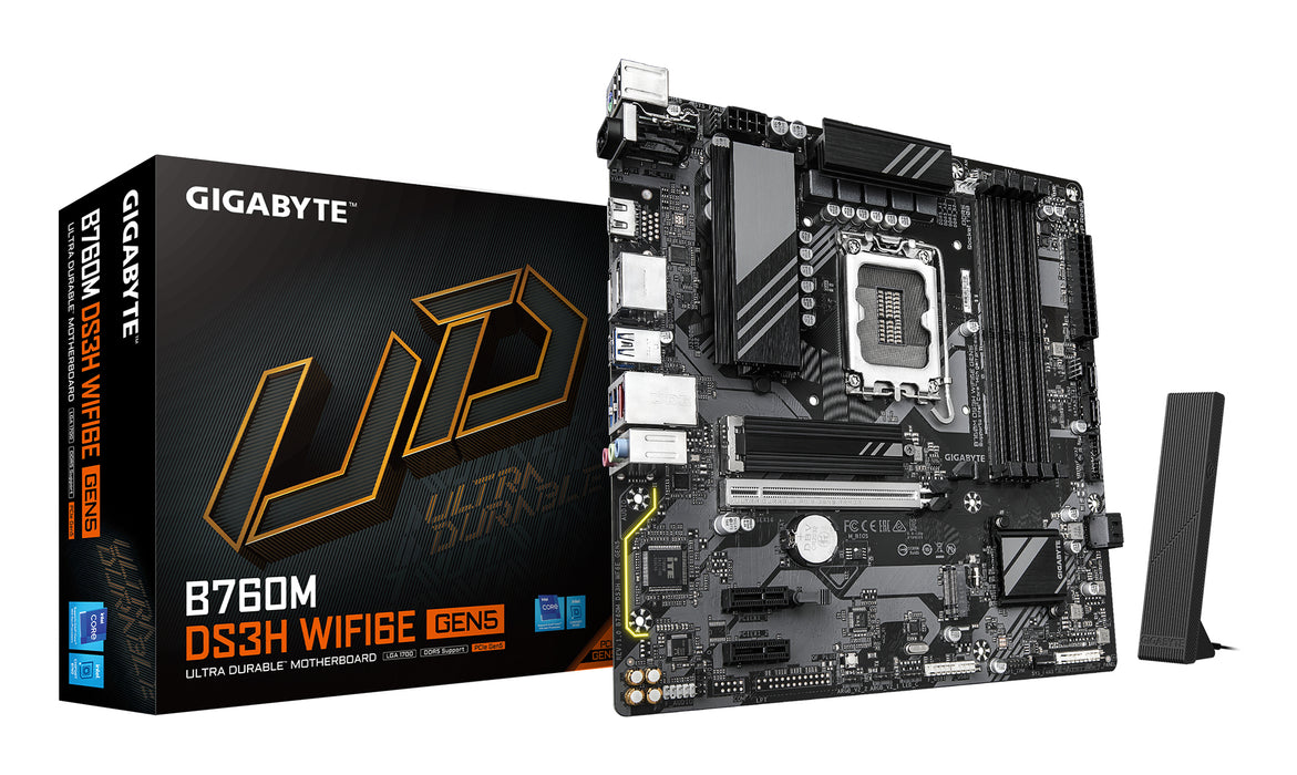 GIGABYTE B760M DS3H WIFI6E GEN5 Motherboard - Supports Intel Core 14th Gen CPUs, 6+2+1 Phases Digital VRM, up to 5600MHz DDR5, 2xPCIe 4.0 M.2, Wi-Fi 6E, 2.5GbE LAN, USB 3.2 Gen2