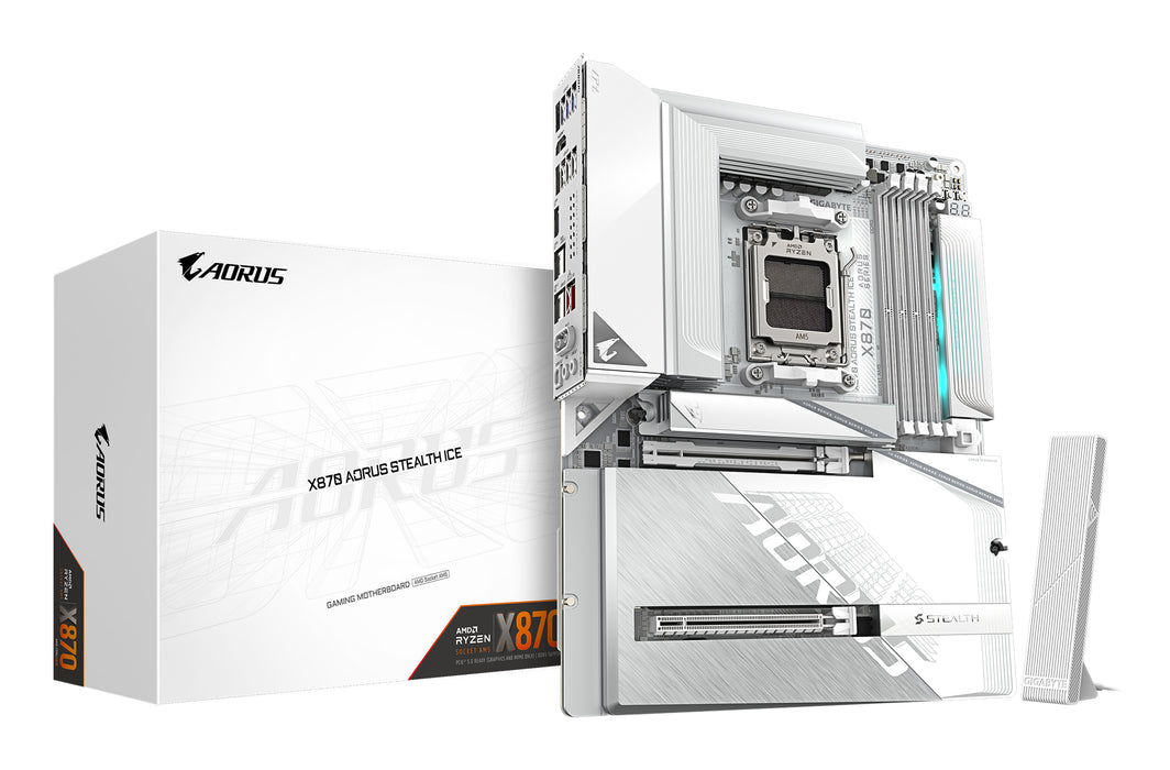 GIGABYTE X870 AORUS STEALTH ICE Motherboard - Supports AMD Ryzen 9000 CPUs, 16+2+2 Phases Digital VRM, up to 8200Hz DDR5 (OC), 2xPCIe 5.0 + 2xPCIe 4.0, Wi-Fi 7, 5 GbE LAN, USB 4