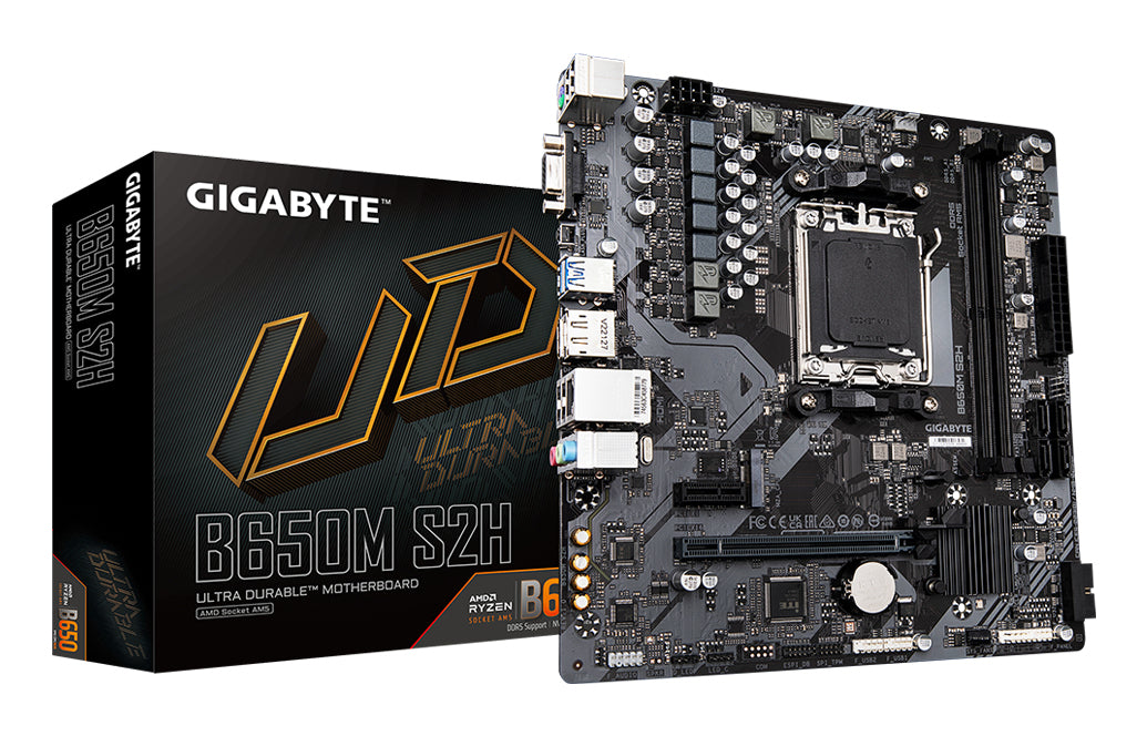 GIGABYTE B650M S2H Motherboard - AMD Ryzen 9000 Series CPUs, 5+2+2 Phases VRM, up to 6400MHz DDR5 (OC), 1xPCIe 4.0 M.2, GbE LAN, USB 3.2 Gen 1