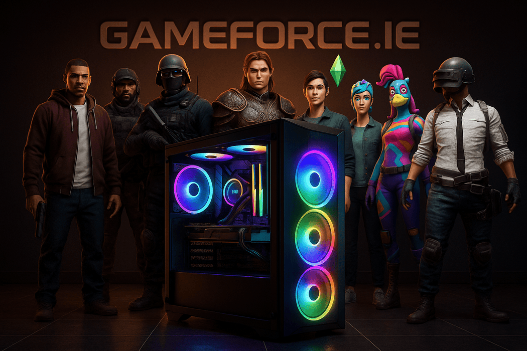 RGB miditower custom gaming pc sitting on dark floor , characters from various pc games in the room from Grand theft Auto , Call of Duty ,  Rainbox six , Baldurs gate , simms , fortnite , pubg. characters from the pc games looking forward over the gaming pc. GAMEFORCE.IE logo on the wall in the background