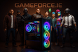 RGB miditower custom gaming pc sitting on dark floor , characters from various pc games in the room from Grand theft Auto , Call of Duty ,  Rainbox six , Baldurs gate , simms , fortnite , pubg. characters from the pc games looking forward over the gaming pc. GAMEFORCE.IE logo on the wall in the background