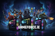 wide banner image , dark background , gameforce.ie logo in white , custom gaming midi tower pcs x 3 with characters from various pc games around the pcs , gtaV , league of legends , warcraft , baldurs gate , fortnite , castle wolfenstein , doom , simms 